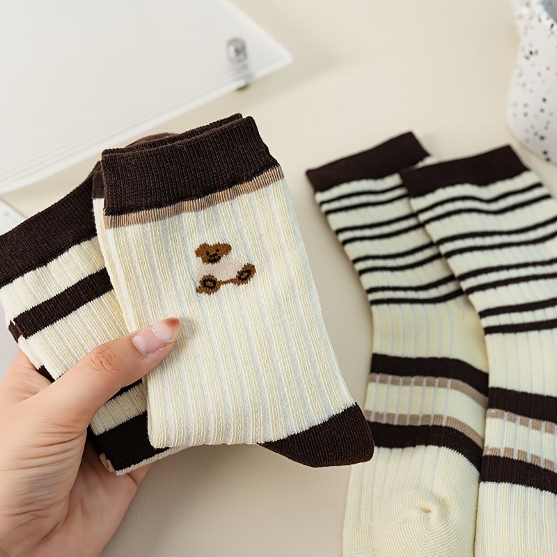 5 Par Barnstrumpor Cartoon Bear Print Stripes Crew Socks För Pojkar Flickor