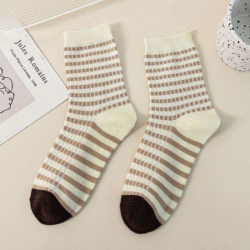 5 Par Barnstrumpor Cartoon Bear Print Stripes Crew Socks För Pojkar Flickor