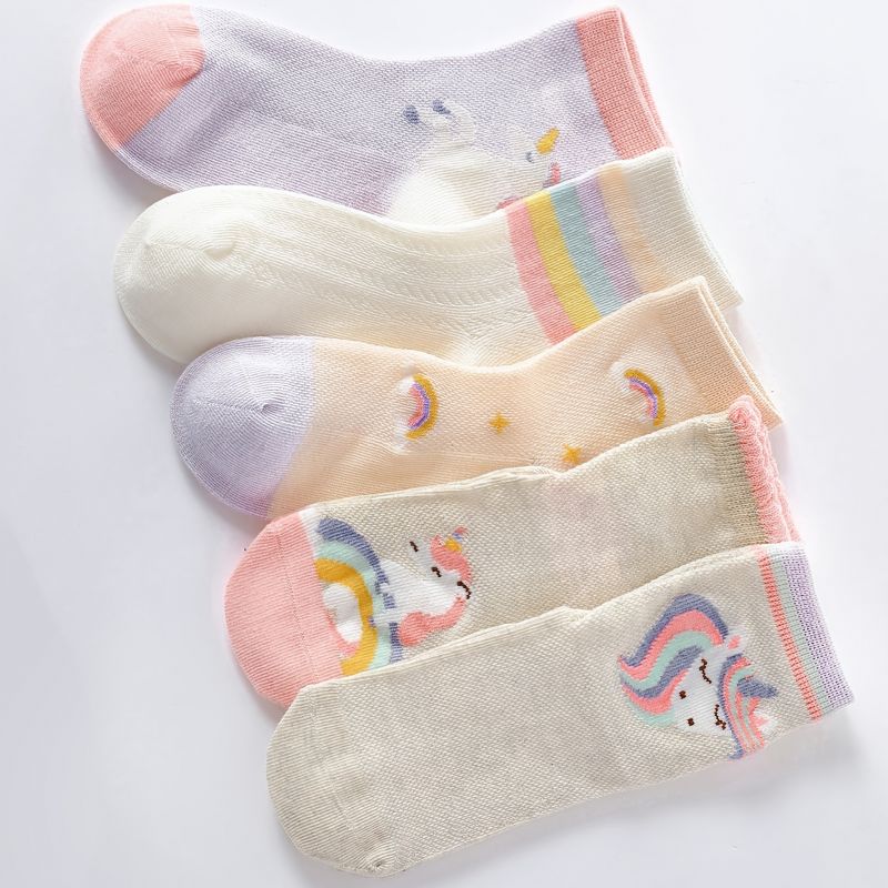 5 Par Barnstrumpor Cartoon Unicorn Rainbow Mesh Andas Bomullssockor För Flickor