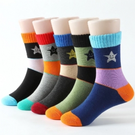 5 Par Barnstrumpor Color Block Cotton Crew Socks Varma Vinter Flickor Pojkar