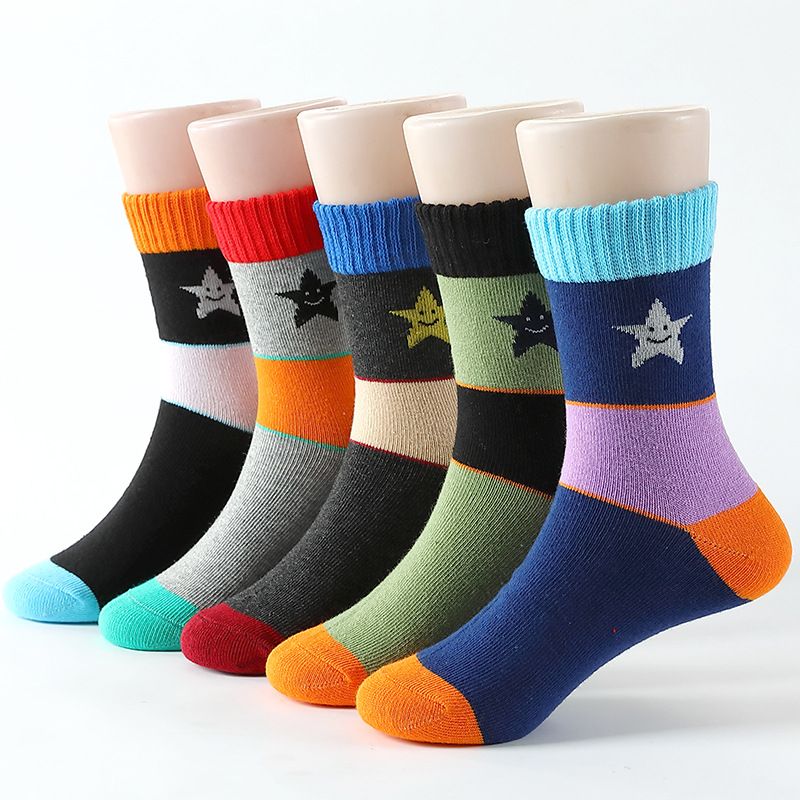 5 Par Barnstrumpor Color Block Cotton Crew Socks Varma Vinter Flickor Pojkar