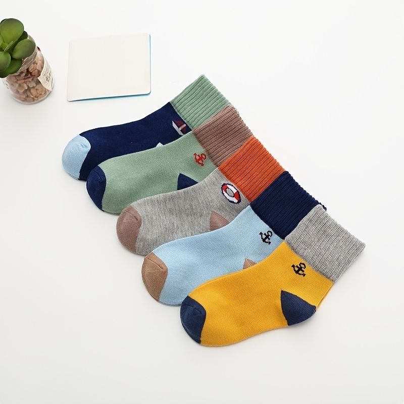 5 Par Bebis Color Block Cotton Crew Socks Pojkar Flickor Barnstrumpor