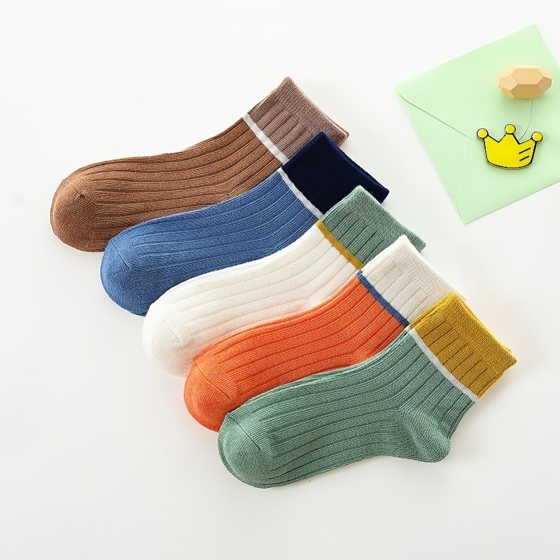 5 Par Bebistrumpor Barn Color Block Cotton Crew Socks Varma Vinter Flickor Pojkar