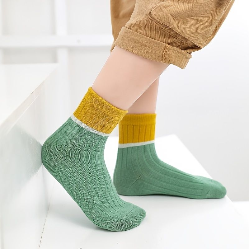 5 Par Bebistrumpor Barn Color Block Cotton Crew Socks Varma Vinter Flickor Pojkar