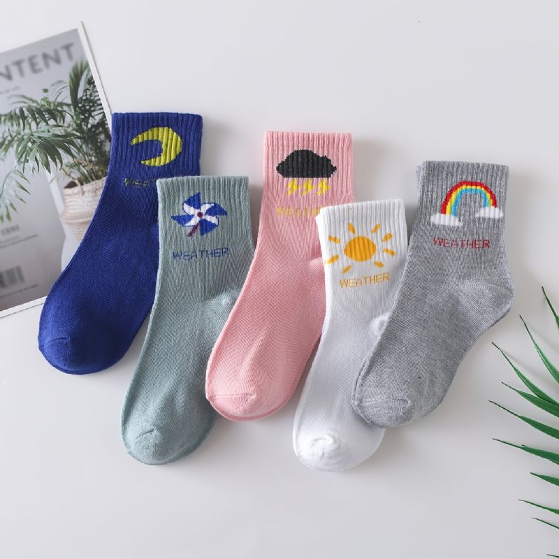 5 Par Flickor Weather Icons Mönster Cotton Crew Socks Barnstrumpor