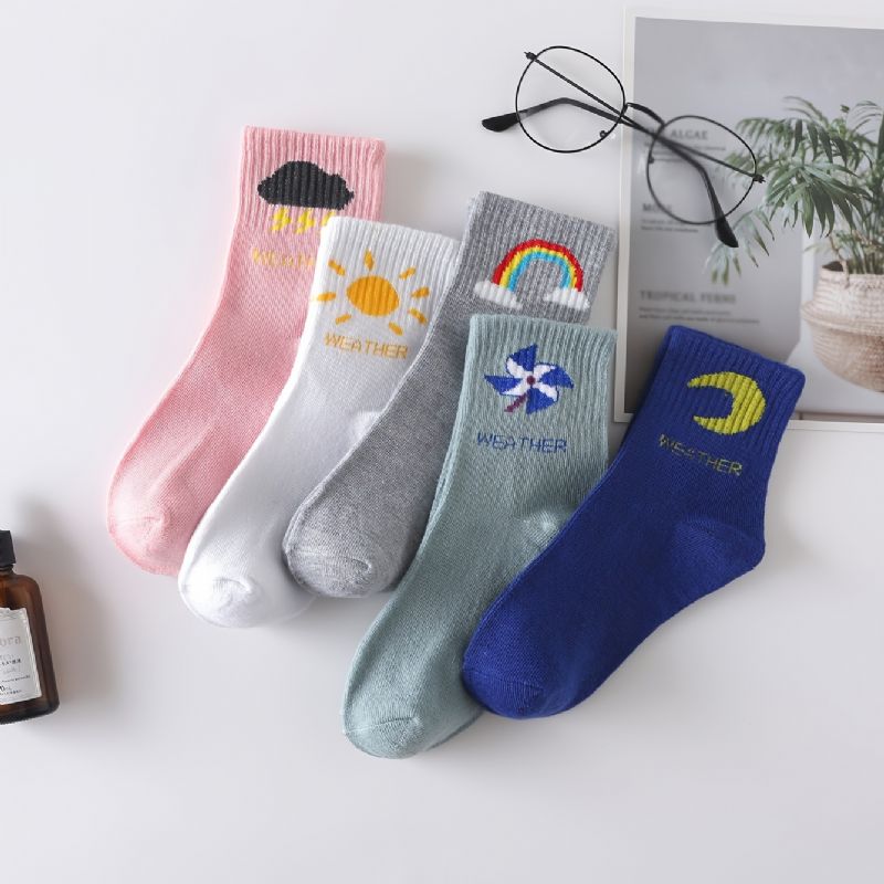 5 Par Flickor Weather Icons Mönster Cotton Crew Socks Barnstrumpor