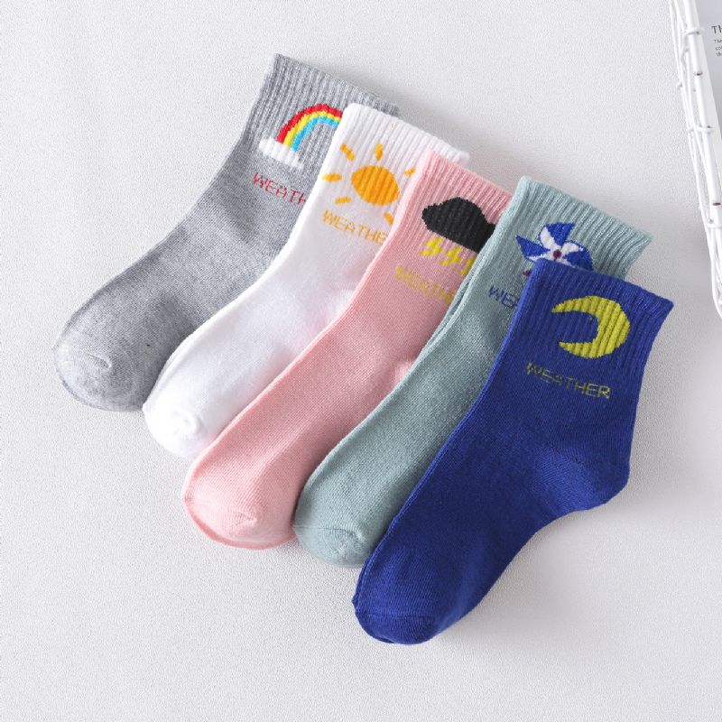 5 Par Flickor Weather Icons Mönster Cotton Crew Socks Barnstrumpor