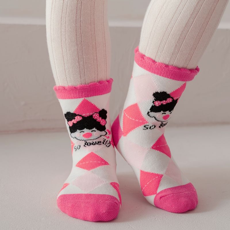 5 Par Flickstrumpor Cartoon Argyle Pink Cotton Crew Socks Barnstrumpor