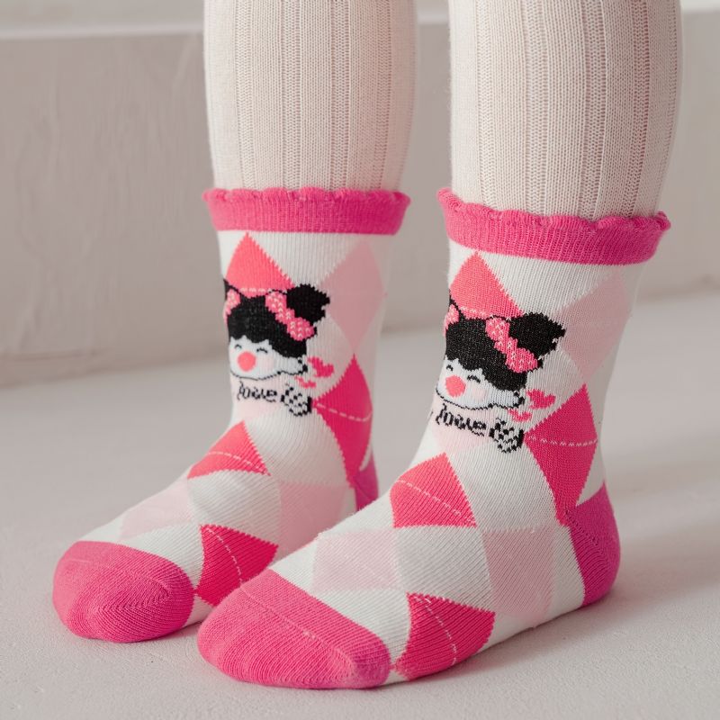 5 Par Flickstrumpor Cartoon Argyle Pink Cotton Crew Socks Barnstrumpor