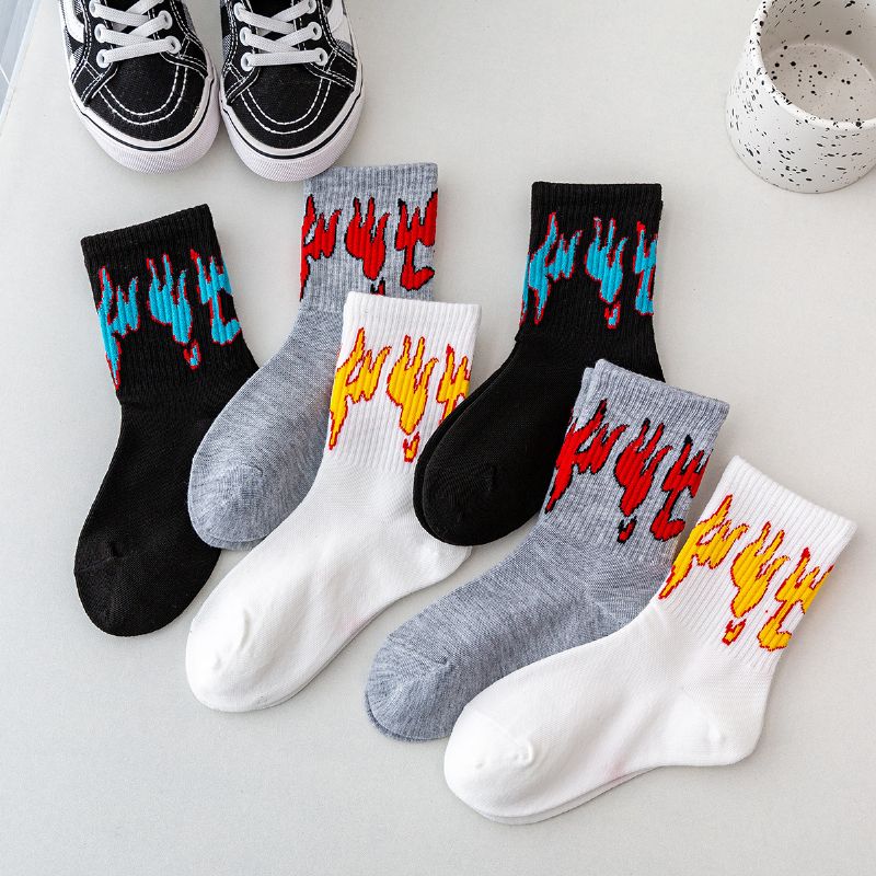 6st Barnstrumpor Med Flame Print Black & White & Grey