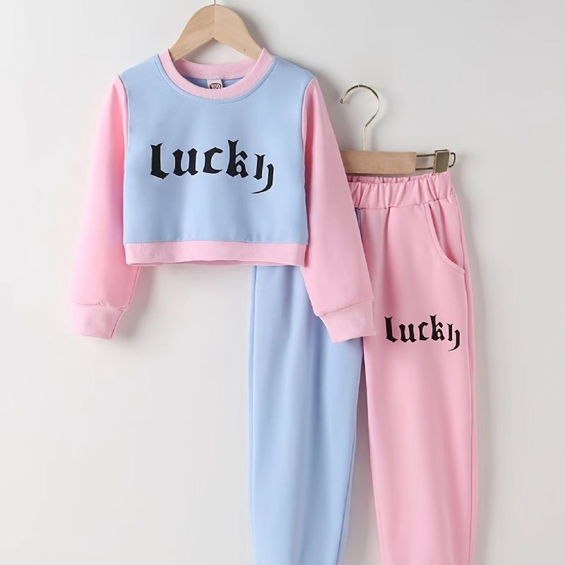 2st Bebis Flickor Letter Print Crop Pullover Rund Neck Långärmad Color Block Sweatshirt & Byx Set Barnkläder