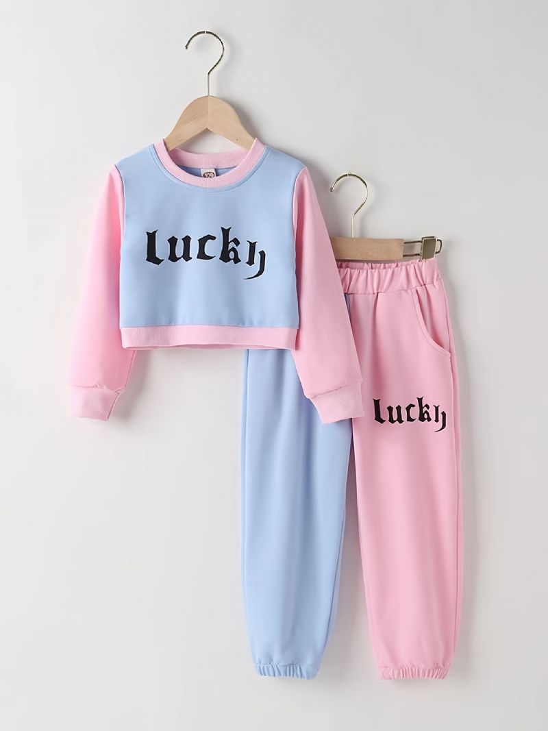 2st Bebis Flickor Letter Print Crop Pullover Rund Neck Långärmad Color Block Sweatshirt & Byx Set Barnkläder