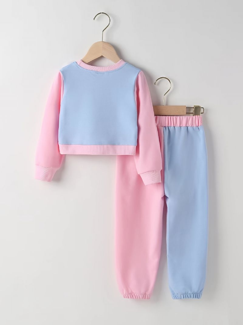 2st Bebis Flickor Letter Print Crop Pullover Rund Neck Långärmad Color Block Sweatshirt & Byx Set Barnkläder