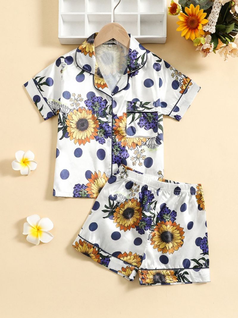 2st Flickor Sunflower Print Button Front Top Korta Byxor Satin Loungewear