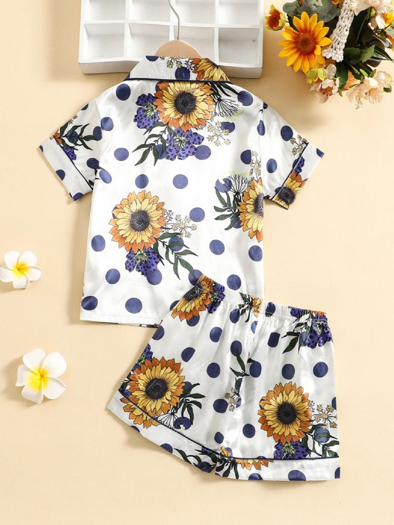 2st Flickor Sunflower Print Button Front Top Korta Byxor Satin Loungewear