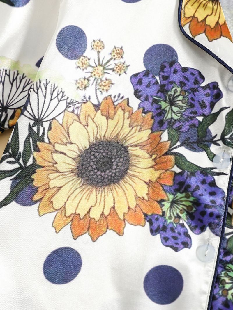 2st Flickor Sunflower Print Button Front Top Korta Byxor Satin Loungewear