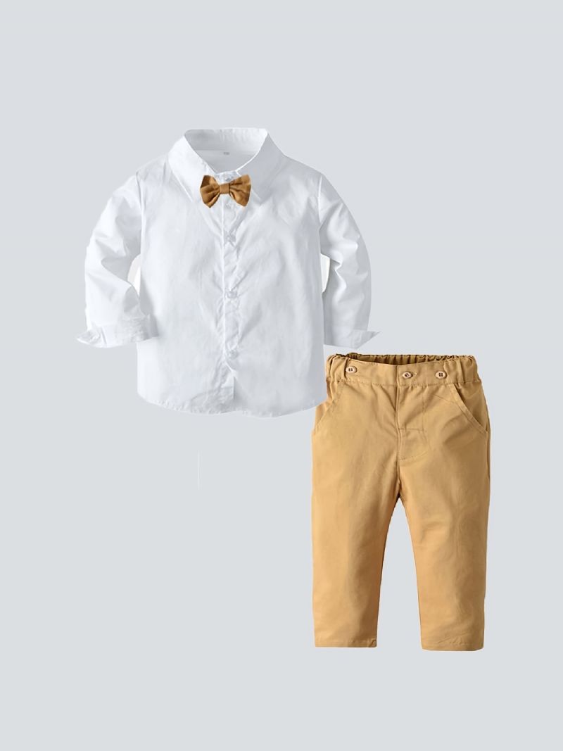 2st Pojkar Gentleman Outfits Med Långärmad Fluga Vit Skjorta & Kakibyxor För Prestanda Födelsedag Bröllopsfest