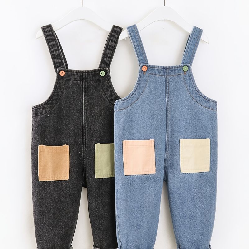 Bebis Pojkar Casual Vintage Denim Hängselbyxor Med Sömmar Fickor För Vintern