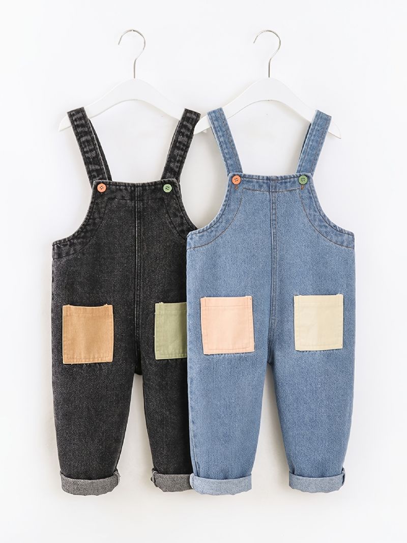 Bebis Pojkar Casual Vintage Denim Hängselbyxor Med Sömmar Fickor För Vintern