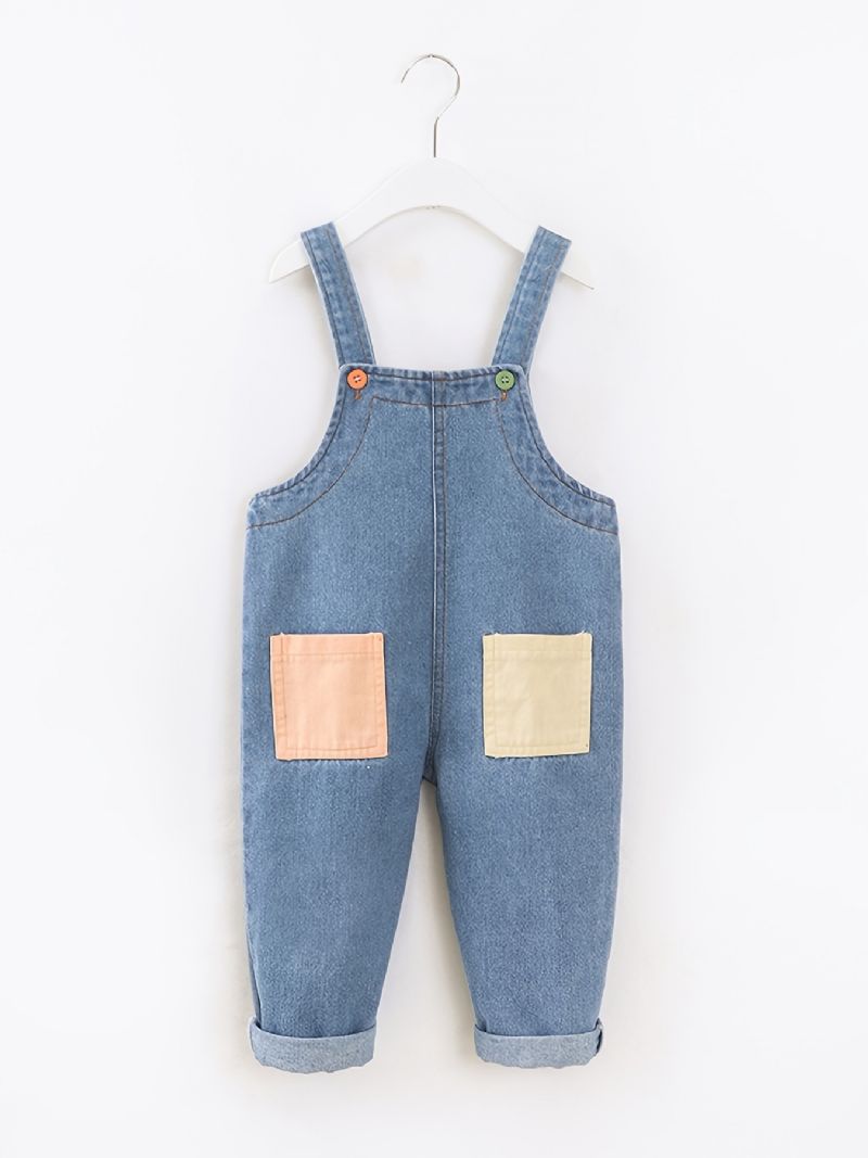 Bebis Pojkar Casual Vintage Denim Hängselbyxor Med Sömmar Fickor För Vintern