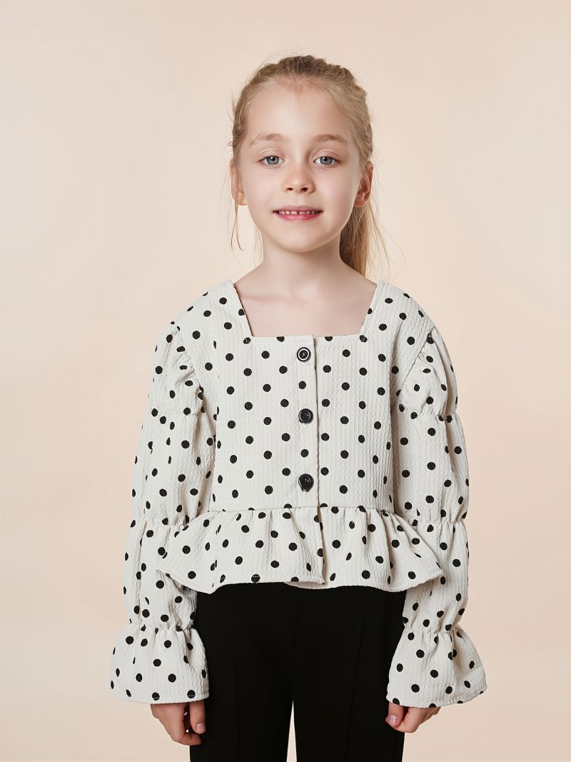 Modeoutfit För Tjejer Polka-prickade Volanger Långärmad Topp Och Utsvängda Byxor