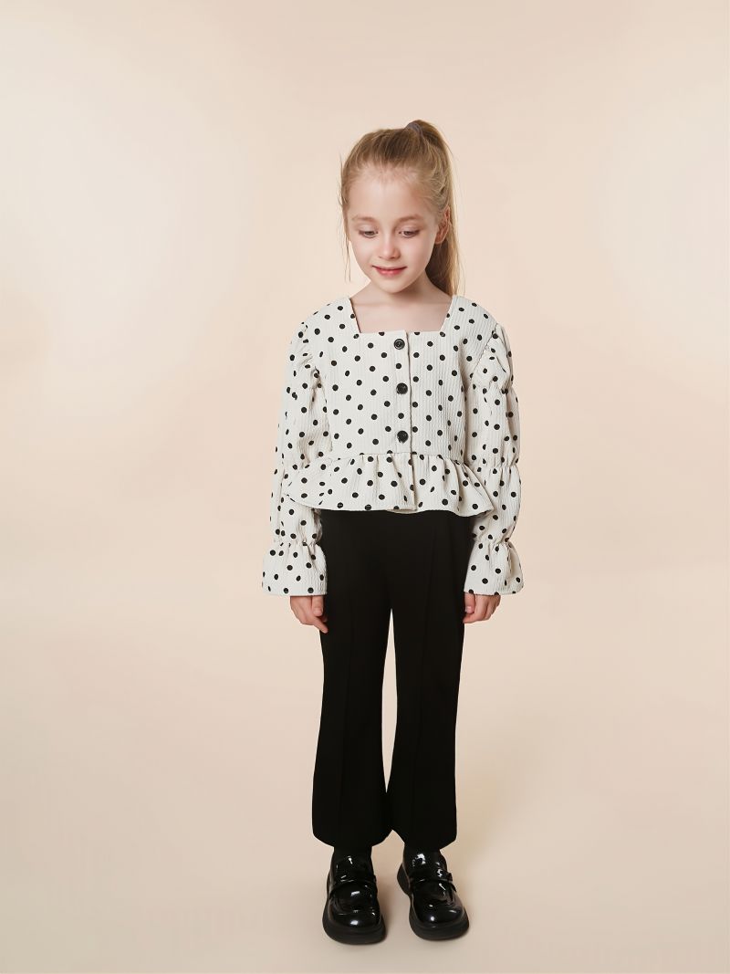 Modeoutfit För Tjejer Polka-prickade Volanger Långärmad Topp Och Utsvängda Byxor