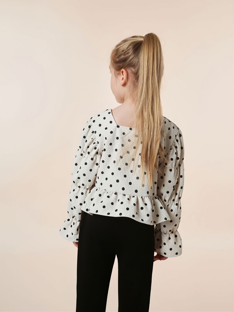 Modeoutfit För Tjejer Polka-prickade Volanger Långärmad Topp Och Utsvängda Byxor