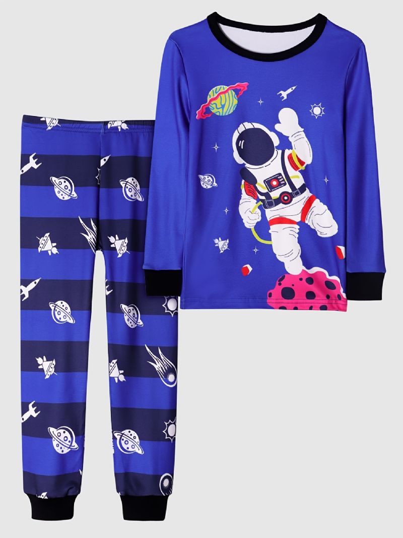 Pojkar Casual Blå Tecknad Pyjamasset Med Astronauttryck Långärmad T-shirt Och Randiga Byxor