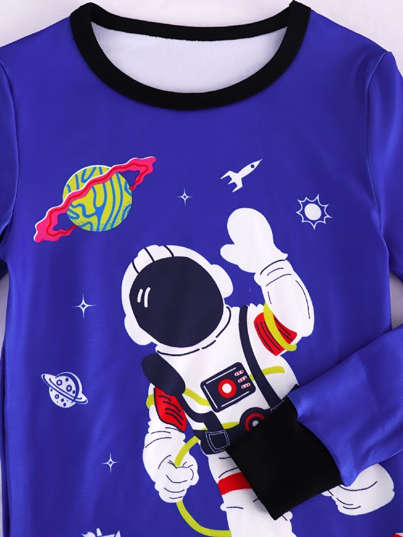 Pojkar Casual Blå Tecknad Pyjamasset Med Astronauttryck Långärmad T-shirt Och Randiga Byxor