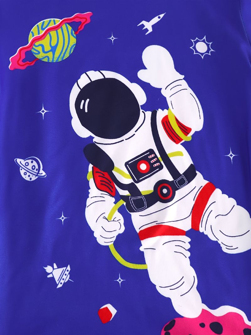 Pojkar Casual Blå Tecknad Pyjamasset Med Astronauttryck Långärmad T-shirt Och Randiga Byxor