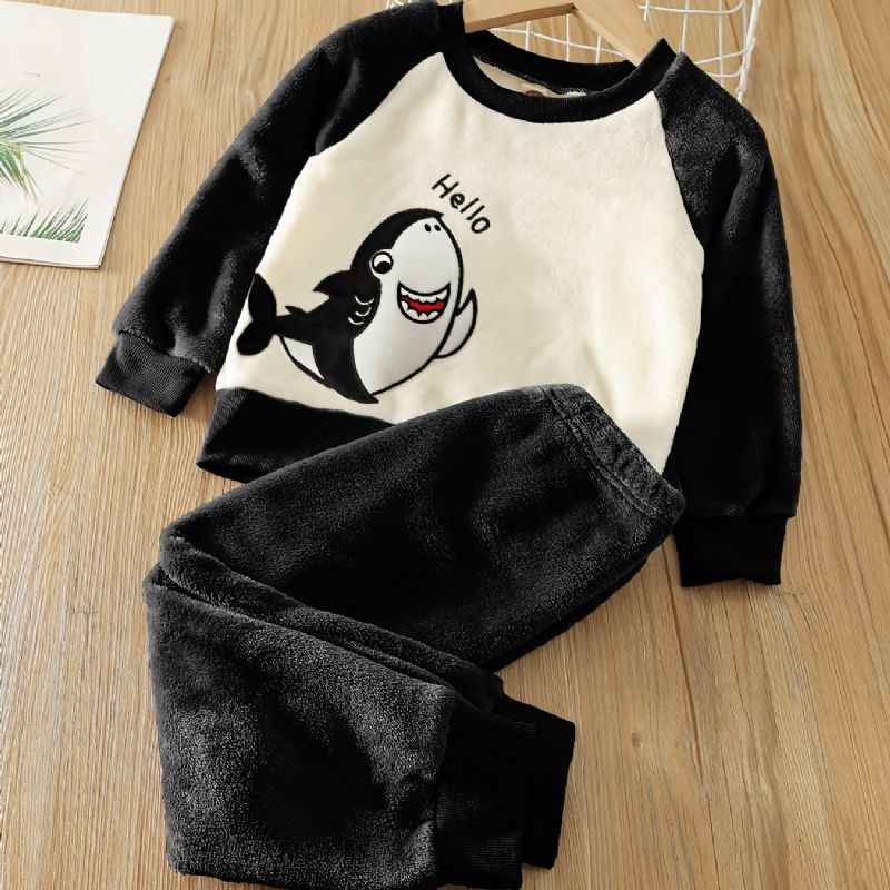 Pojkar Fleece Color Block Shark Broderad Pullover Top + Enfärgade Byxor Set Barnkläder För Vintern