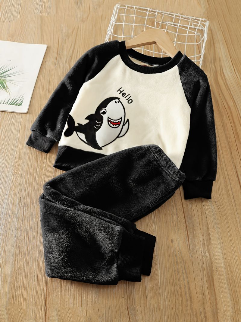 Pojkar Fleece Color Block Shark Broderad Pullover Top + Enfärgade Byxor Set Barnkläder För Vintern