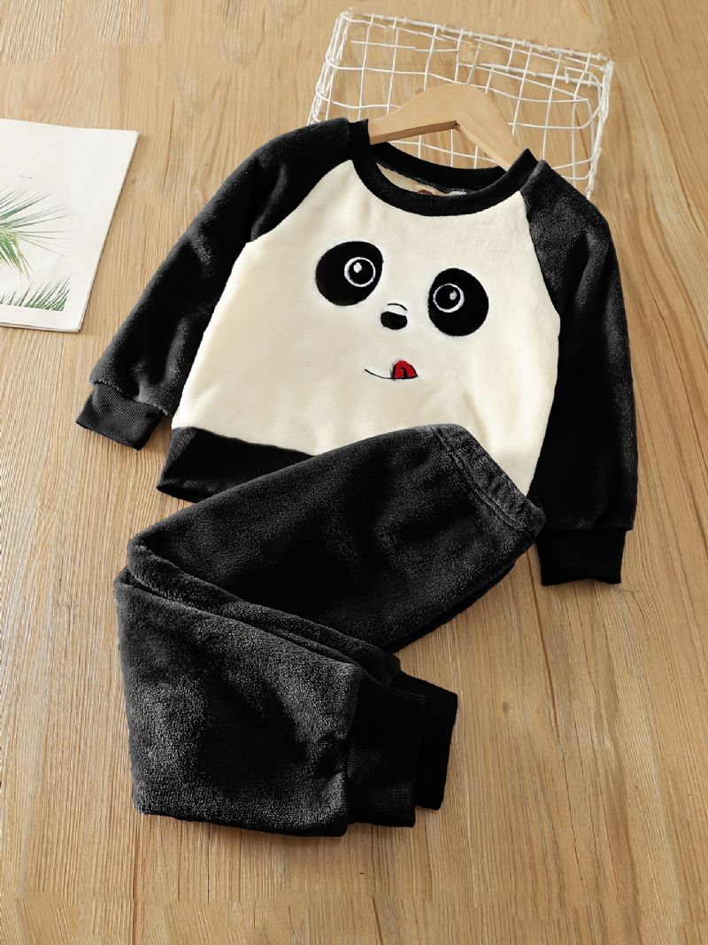 Pojkar Fleece Panda Broderad Långärmad Topp + Byxor Barnkläder För Vintern