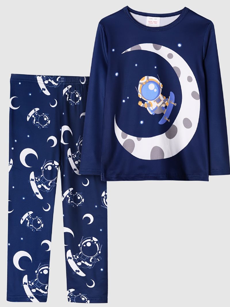 Pojkar Pyjamas Moon Astronaut Print Rund Hals Långärmad Topp & Byxor Set