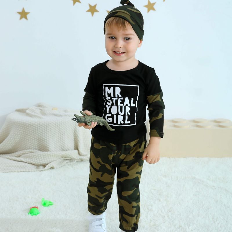 Småbarn Pojkar Kläder Långärmad Crew Neck Camo Alphabet Print Shirt & Jogger Dragsko