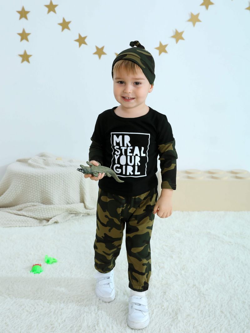 Småbarn Pojkar Kläder Långärmad Crew Neck Camo Alphabet Print Shirt & Jogger Dragsko